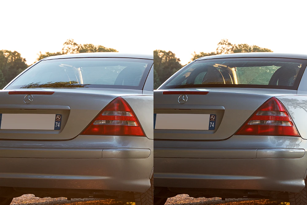 Effet du filtre polarisant sur une vitre de voiture Mercedes SLK 320 grise